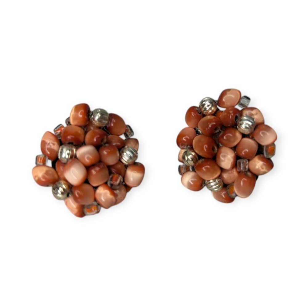 Vintage Red/Brown Beaded Clip On Pair Earrings